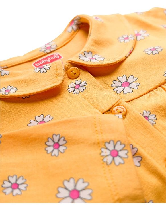 Babyhug Cotton Knit Full Sleeves Co-ord Night Suit With Floral Print - Yellow