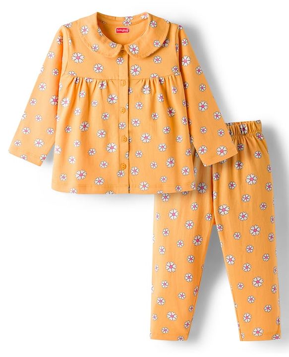 Babyhug Cotton Knit Full Sleeves Co-ord Night Suit With Floral Print - Yellow