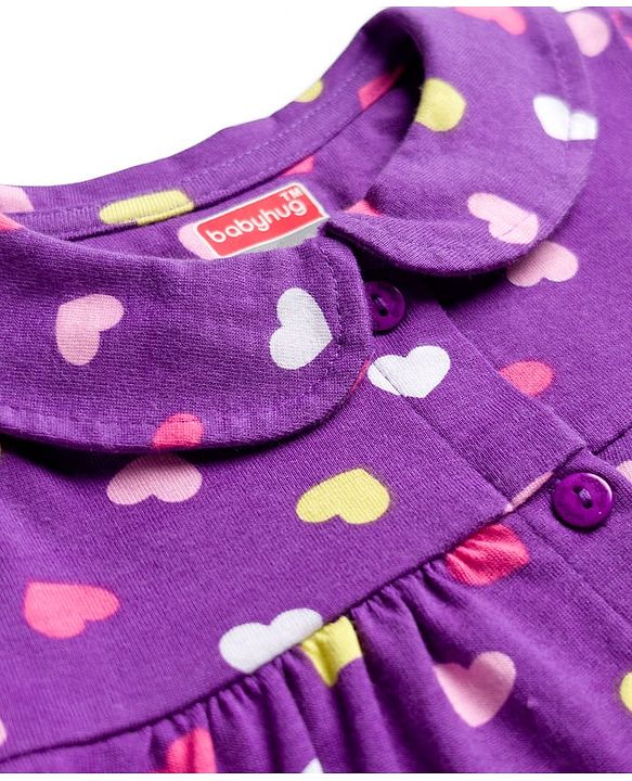 Babyhug Cotton Knit Full Sleeves Co-ord Night Suit With Heart Print - Purple
