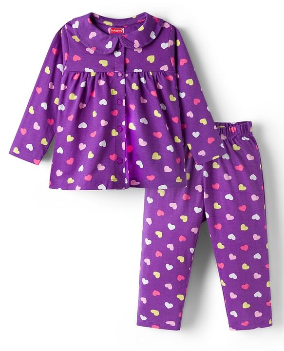 Babyhug Cotton Knit Full Sleeves Co-ord Night Suit With Heart Print - Purple