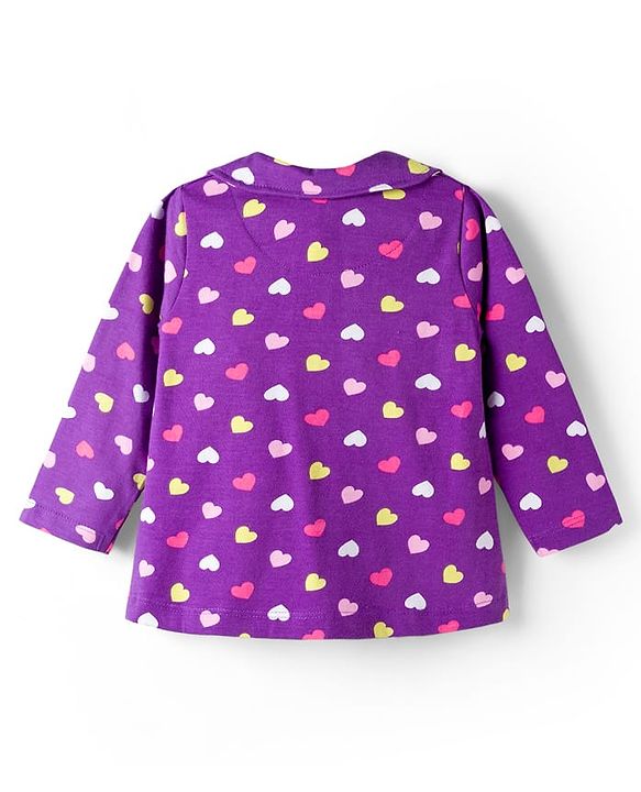 Babyhug Cotton Knit Full Sleeves Co-ord Night Suit With Heart Print - Purple