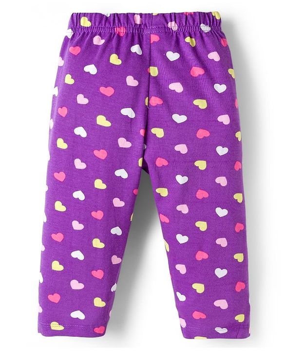 Babyhug Cotton Knit Full Sleeves Co-ord Night Suit With Heart Print - Purple