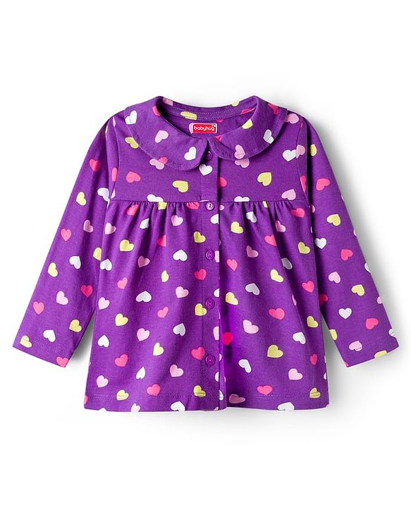 Babyhug Cotton Knit Full Sleeves Co-ord Night Suit With Heart Print - Purple