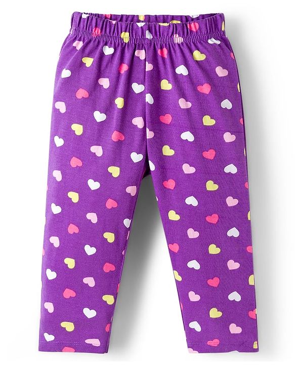 Babyhug Cotton Knit Full Sleeves Co-ord Night Suit With Heart Print - Purple
