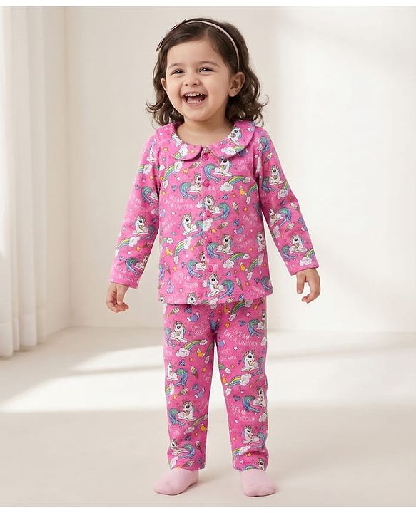 Babyhug 100% Cotton Knit Full Sleeves Co-ords Front Open Night Suit with Unicorn Print - Pink