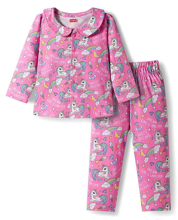 Babyhug 100% Cotton Knit Full Sleeves Co-ords Front Open Night Suit with Unicorn Print - Pink