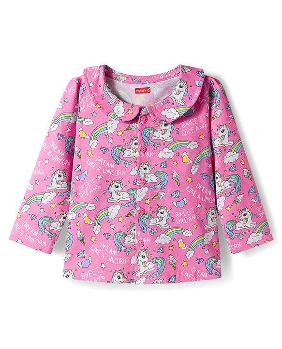 Babyhug 100% Cotton Knit Full Sleeves Co-ords Front Open Night Suit with Unicorn Print - Pink