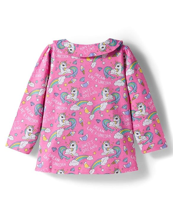 Babyhug 100% Cotton Knit Full Sleeves Co-ords Front Open Night Suit with Unicorn Print - Pink