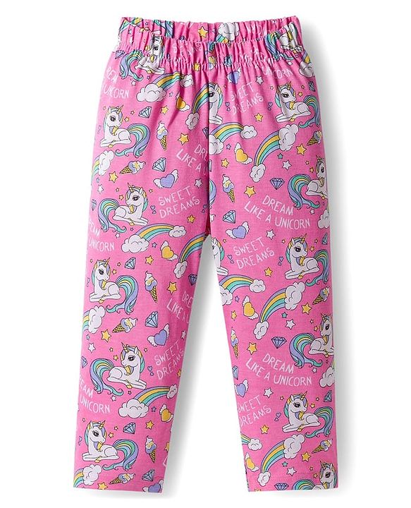 Babyhug 100% Cotton Knit Full Sleeves Co-ords Front Open Night Suit with Unicorn Print - Pink