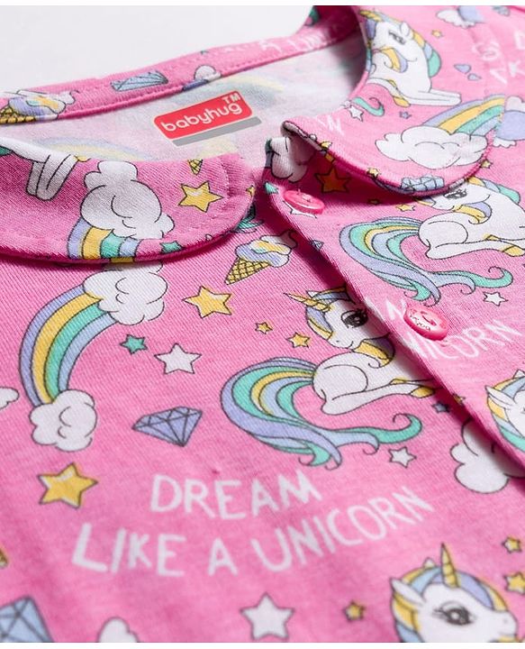 Babyhug 100% Cotton Knit Full Sleeves Co-ords Front Open Night Suit with Unicorn Print - Pink