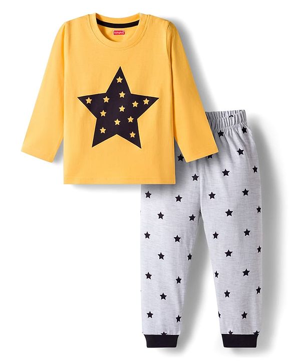 Babyhug Cotton Knit Full Sleeves Night Suit With Star Print - Yellow & White