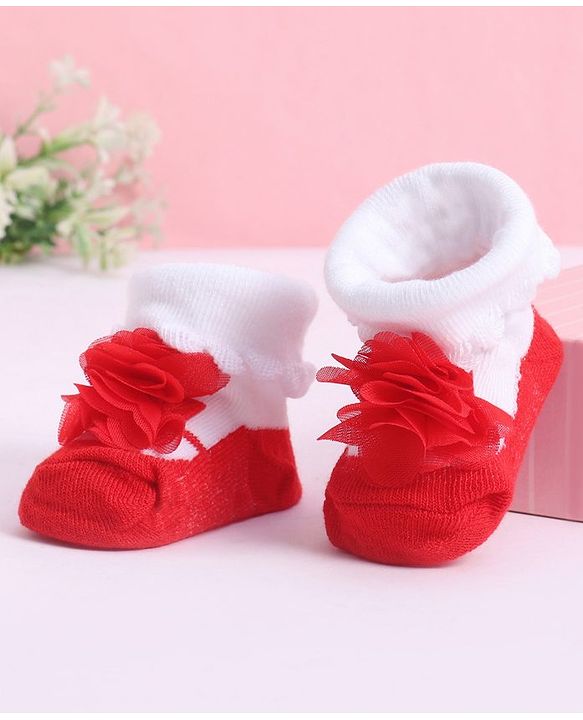 Cute Walk by Babyhug Socks With Floral Applique - Red
