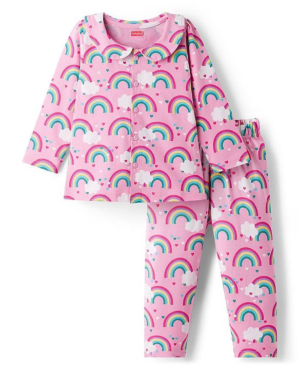 Babyhug Cotton Knit Full Sleeves Co-ord Night Suit With Rainbow Print - Pink