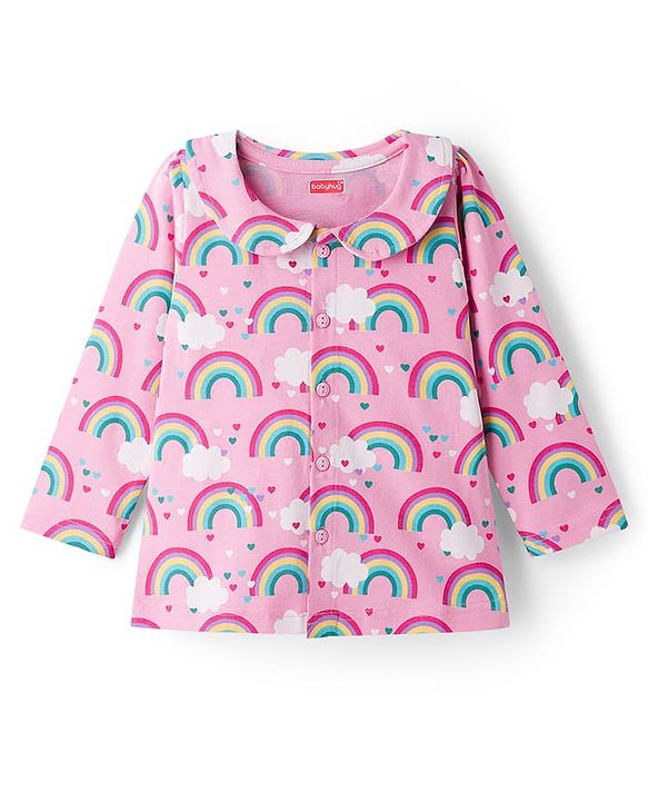 Babyhug Cotton Knit Full Sleeves Co-ord Night Suit With Rainbow Print - Pink