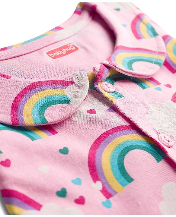 Babyhug Cotton Knit Full Sleeves Co-ord Night Suit With Rainbow Print - Pink