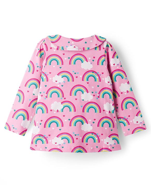 Babyhug Cotton Knit Full Sleeves Co-ord Night Suit With Rainbow Print - Pink