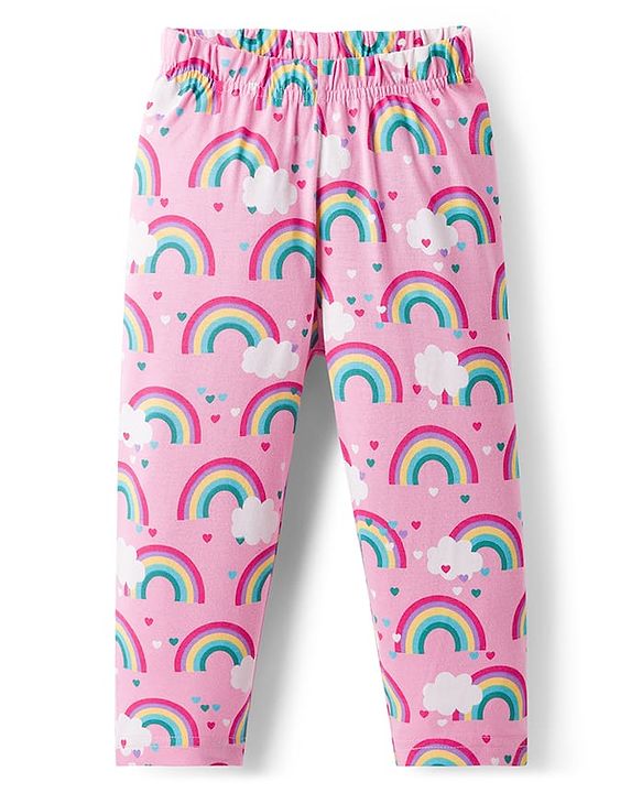 Babyhug Cotton Knit Full Sleeves Co-ord Night Suit With Rainbow Print - Pink