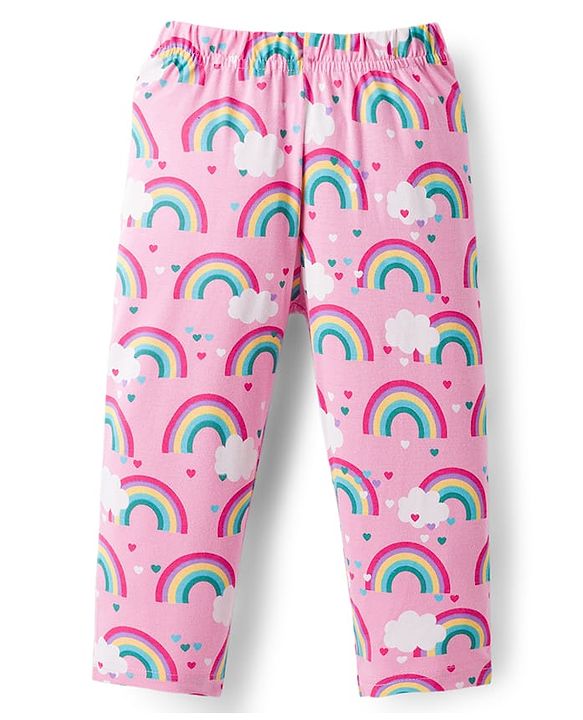 Babyhug Cotton Knit Full Sleeves Co-ord Night Suit With Rainbow Print - Pink