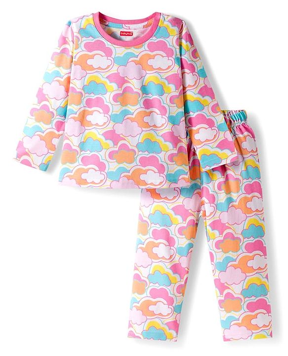 Babyhug Cotton Knit Full Sleeves Co-ords Night Suit with Cloud Print - Multicolor