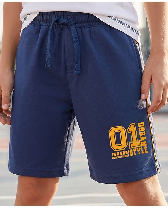 Pine Kids Looper Knit Knee Length Text Printed Short - Navy Blue