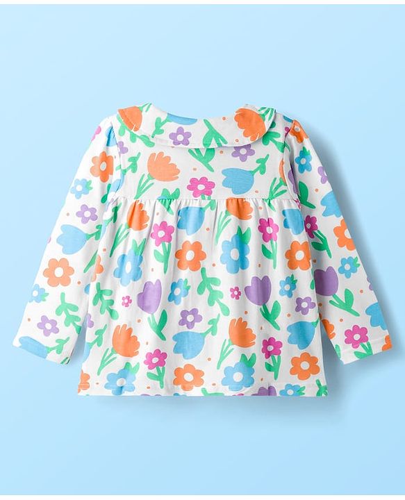 Babyhug Cotton Knit Full Sleeves Co-ord Night Suit With Floral Print - White