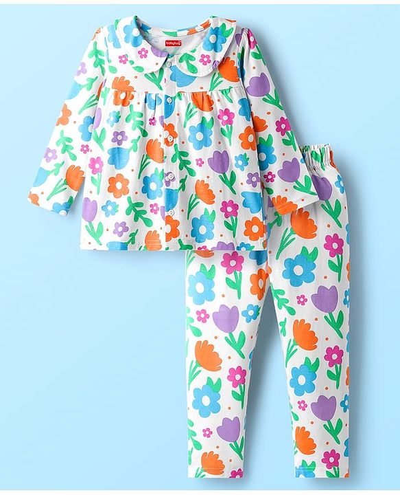 Babyhug Cotton Knit Full Sleeves Co-ord Night Suit With Floral Print - White