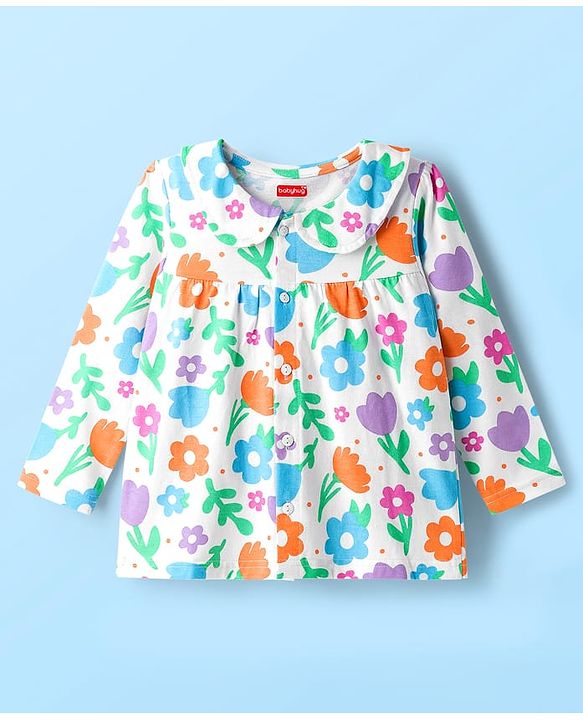 Babyhug Cotton Knit Full Sleeves Co-ord Night Suit With Floral Print - White