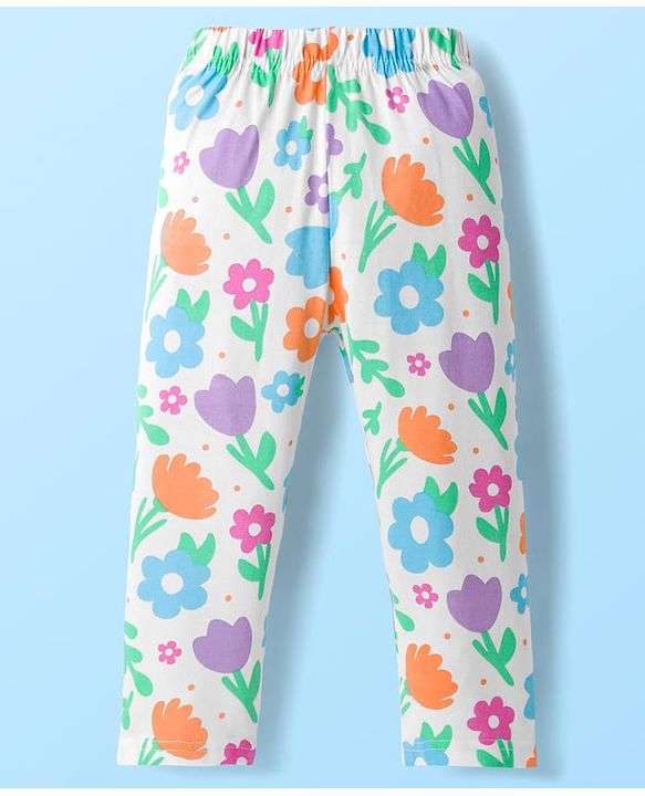 Babyhug Cotton Knit Full Sleeves Co-ord Night Suit With Floral Print - White