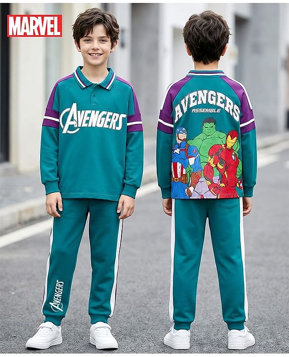 Pine Kids Marvel Terry Knit Drop Shoulder Full Raglan Sleeves Oversized Polo T-Shirt & Lounge Pant Set with Avengers Graphic - Teal Blue