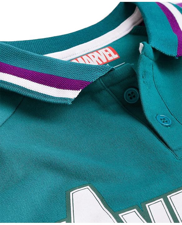 Pine Kids Marvel Terry Knit Drop Shoulder Full Raglan Sleeves Oversized Polo T-Shirt & Lounge Pant Set with Avengers Graphic - Teal Blue