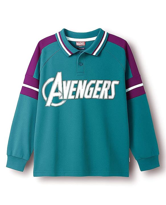 Pine Kids Marvel Terry Knit Drop Shoulder Full Raglan Sleeves Oversized Polo T-Shirt & Lounge Pant Set with Avengers Graphic - Teal Blue