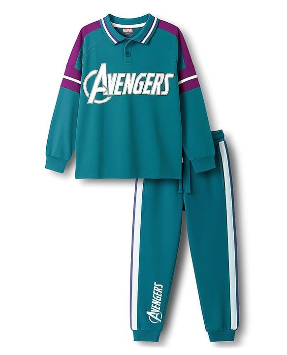 Pine Kids Marvel Terry Knit Drop Shoulder Full Raglan Sleeves Oversized Polo T-Shirt & Lounge Pant Set with Avengers Graphic - Teal Blue