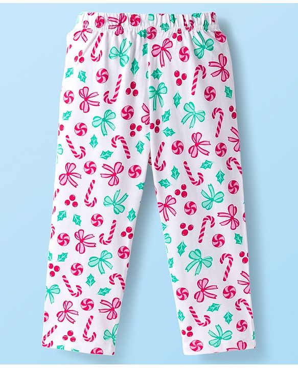 Babyhug Cotton Knit Full Sleeves Co-ord Night Suit With Candy Print - White