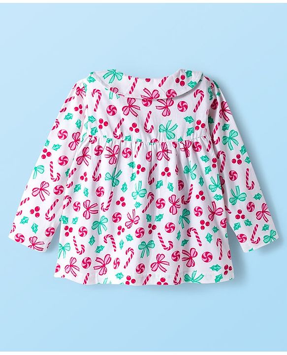Babyhug Cotton Knit Full Sleeves Co-ord Night Suit With Candy Print - White