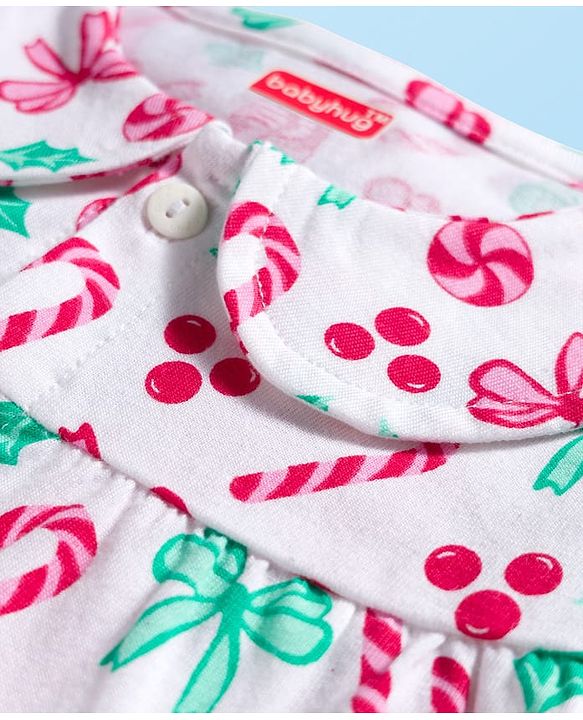 Babyhug Cotton Knit Full Sleeves Co-ord Night Suit With Candy Print - White
