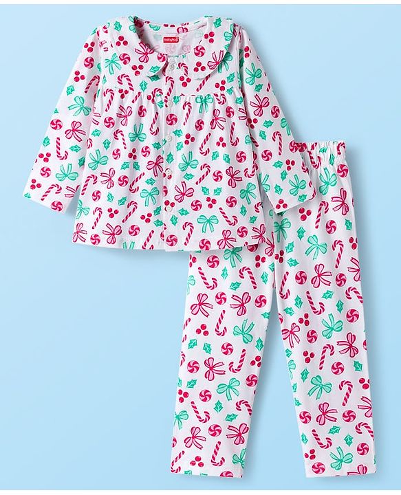 Babyhug Cotton Knit Full Sleeves Co-ord Night Suit With Candy Print - White