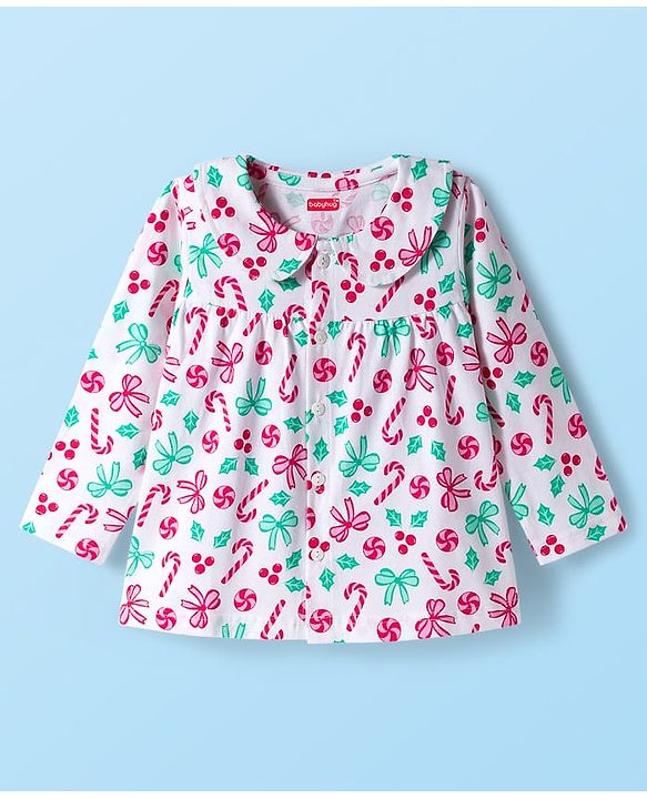 Babyhug Cotton Knit Full Sleeves Co-ord Night Suit With Candy Print - White