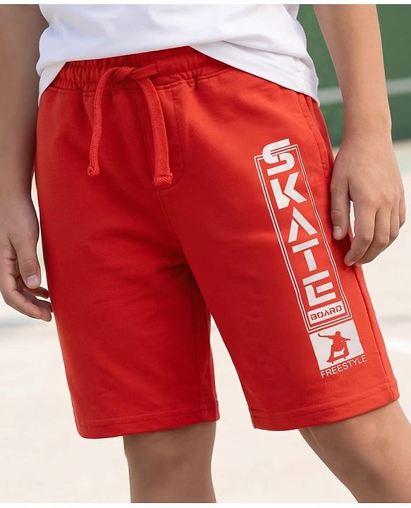 Pine Kids Looper Knit Knee Length Text Printed Shorts - Red