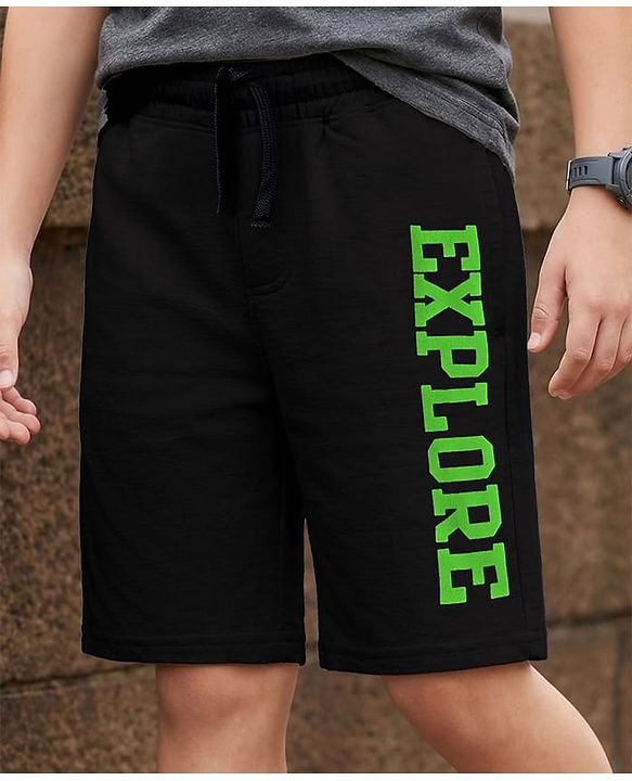 Pine Kids Looper Knit Shorts With Text Print - Black