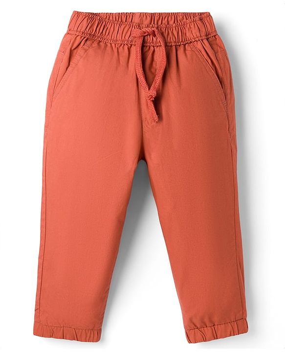 Babyhug Cotton Woven Full Length Solid Colour Trousers With Adjustable Elastic - Rust Orange