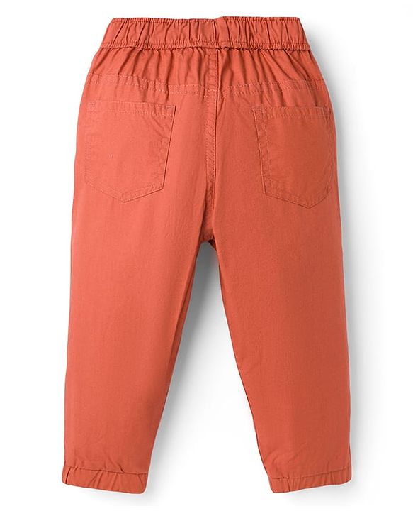 Babyhug Cotton Woven Full Length Solid Colour Trousers With Adjustable Elastic - Rust Orange