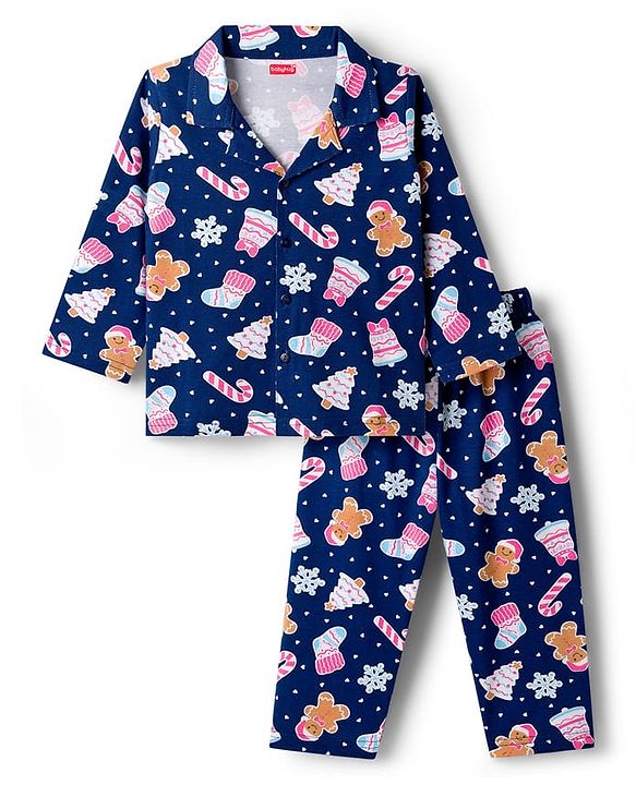 Babyhug Cotton Knit Full Sleeves Co-ord Night Suit With Christmas Theme Print - Navy Blue