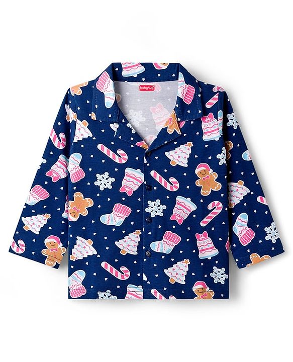 Babyhug Cotton Knit Full Sleeves Co-ord Night Suit With Christmas Theme Print - Navy Blue