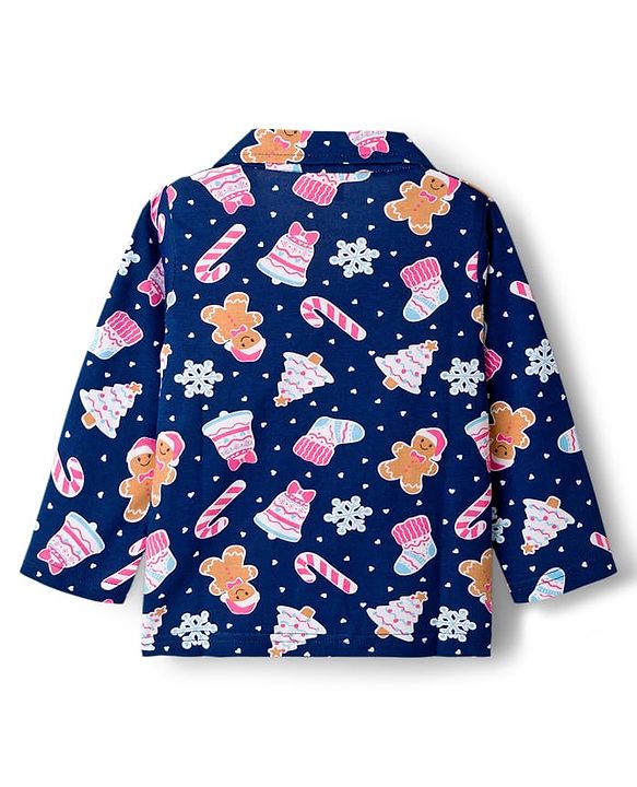 Babyhug Cotton Knit Full Sleeves Co-ord Night Suit With Christmas Theme Print - Navy Blue