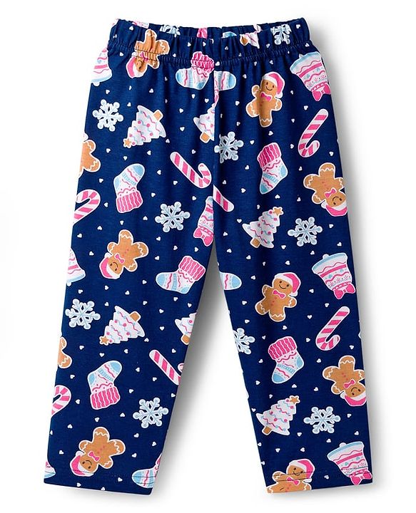 Babyhug Cotton Knit Full Sleeves Co-ord Night Suit With Christmas Theme Print - Navy Blue