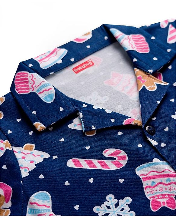 Babyhug Cotton Knit Full Sleeves Co-ord Night Suit With Christmas Theme Print - Navy Blue