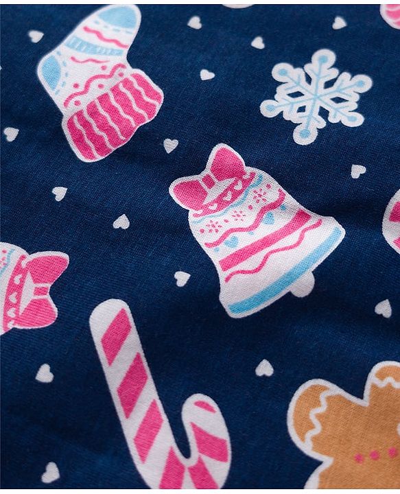 Babyhug Cotton Knit Full Sleeves Co-ord Night Suit With Christmas Theme Print - Navy Blue