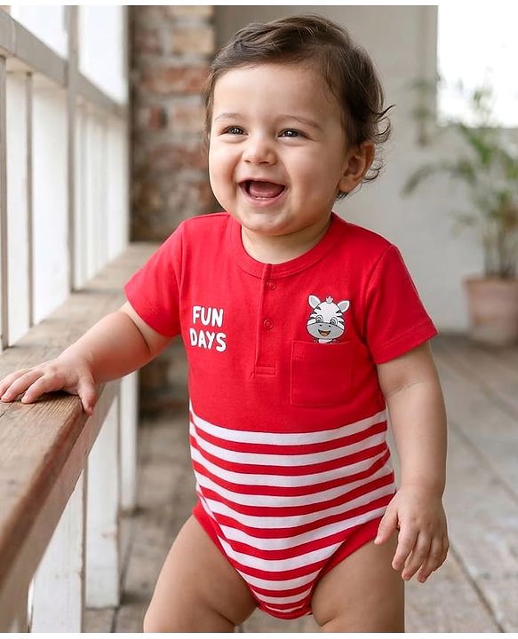 Babyhug 100% Cotton Knit Half Sleeves Striped Onesie with Text Print - Red