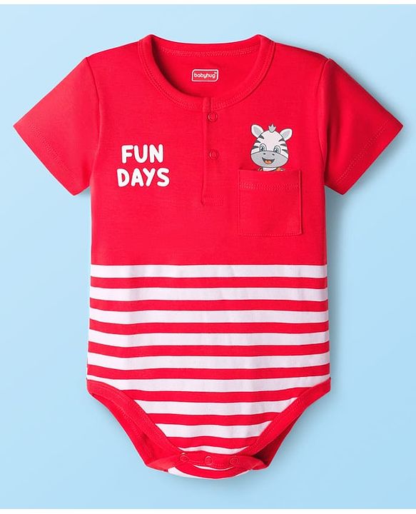 Babyhug 100% Cotton Knit Half Sleeves Striped Onesie with Text Print - Red