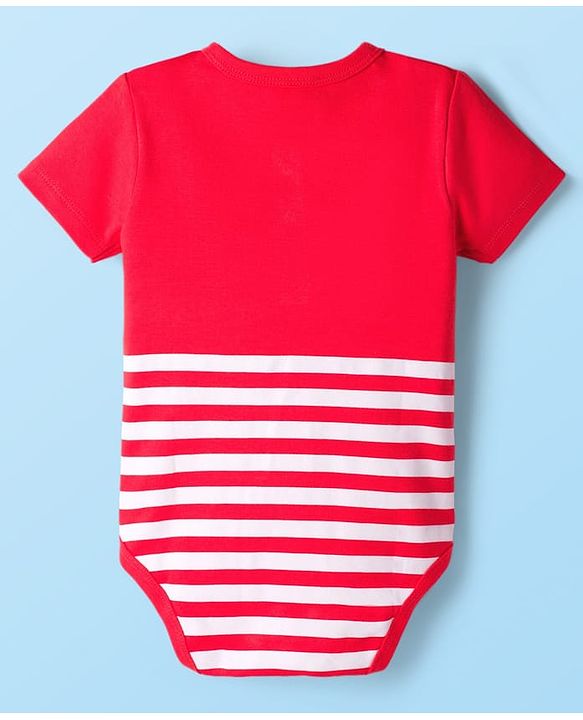 Babyhug 100% Cotton Knit Half Sleeves Striped Onesie with Text Print - Red